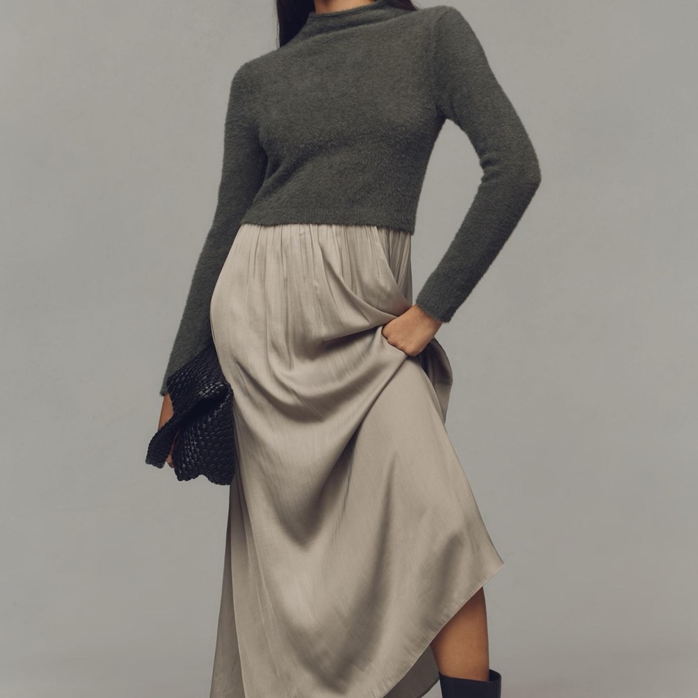 Anthropologie Long-Sleeve Eyelash Twofer Sweater Dress in Dark Green